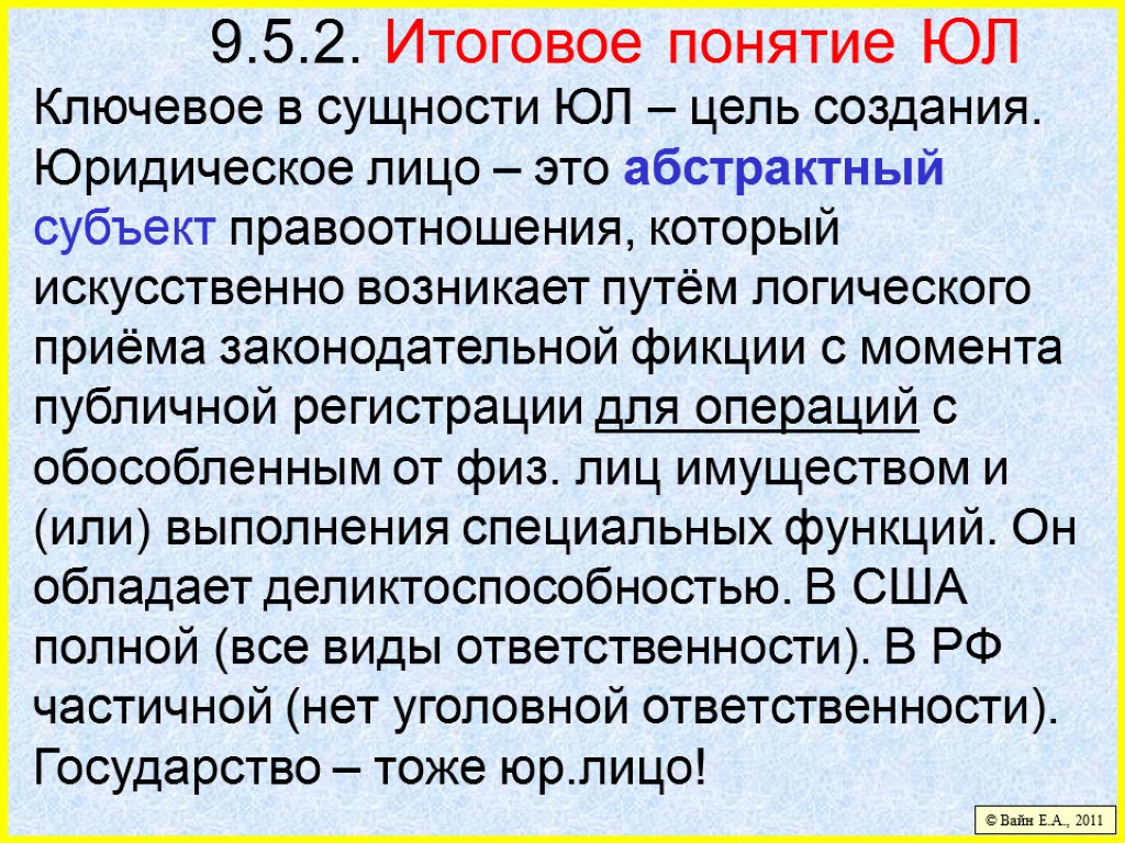 9.5.2. Итоговое понятие ЮЛ Ключевое в сущности ЮЛ – цель создания. Юридическое лицо –